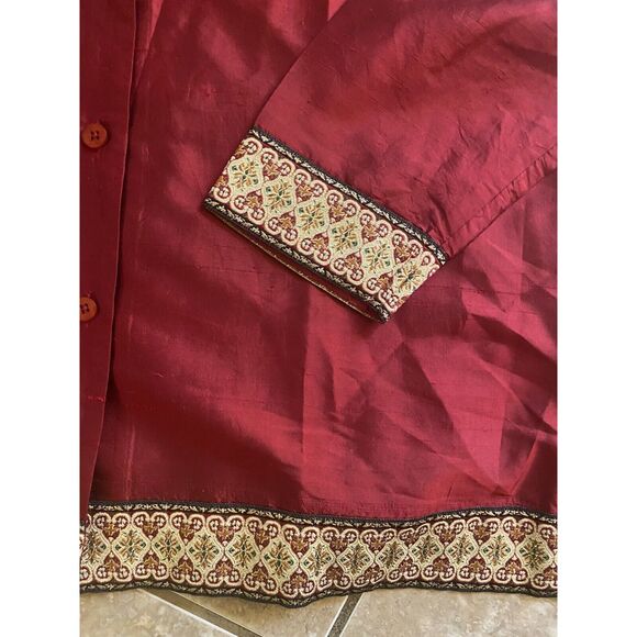 SILK Lore Burgundy Shirt / Jacket & Tank 100% Silk  L Embellished Gold Vintage - Picture 4 of 10